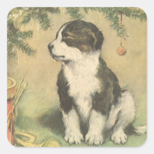 Weihnachten im Vintage-Stil, süßer Welpe unter dem Quadratischer Aufkleber