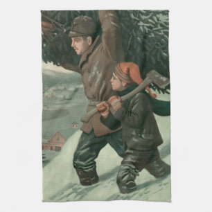 Weihnachten im Vintage-Stil, Vater und Sohn fällen Geschirrtuch