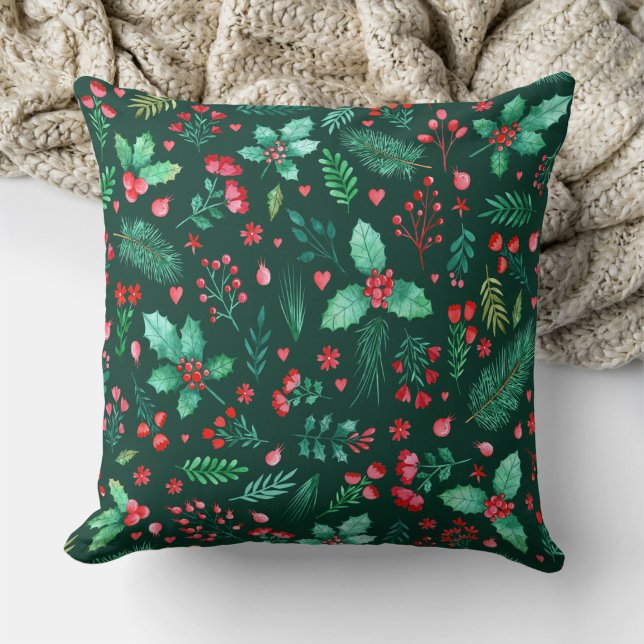 Weihnachten im Wasser Holly Red Berries Floral Kissen (Watercolor Christmas Holly with Winter Botanicals Throw Pillow)