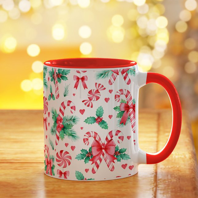 Weihnachten im Wasser Pfefferminzbonbons und Holly Tasse (Watercolor Christmas Peppermint Candy and Holly Mug)
