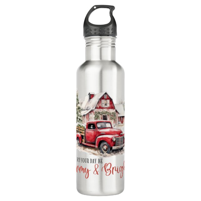 Weihnachten im Wasser Vintager Lkw und Stall Edelstahlflasche (Vorderseite)