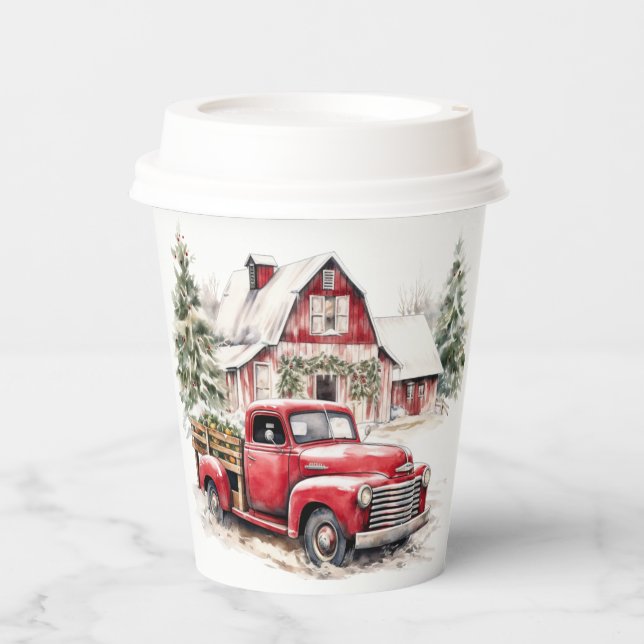 Weihnachten im Wasser Vintager Lkw und Stall Pappbecher (Vorderseite)