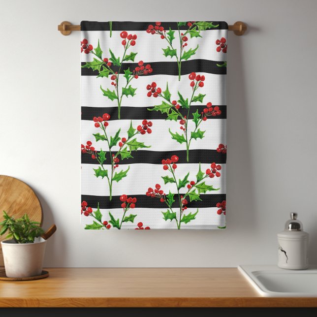 Weihnachten im Wasserfarben Holly Modern Strip Pat Geschirrtuch (Von Creator hochgeladen)