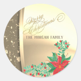Weihnachten, Imitate Gold, Aquarellfarbe Poinsetti Runder Aufkleber