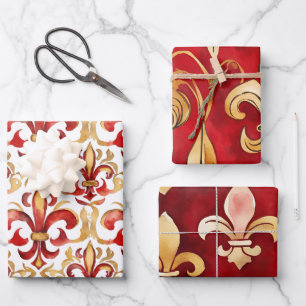 Weihnachten in Aquarellen Rotes Gold Geschenkpapier Set