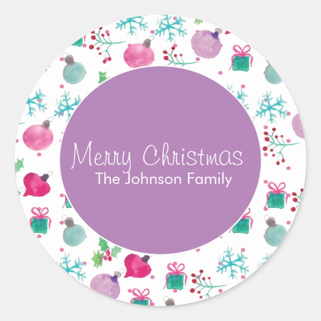 Weihnachten in Aquarellfarbe Handgemalte Muster Runder Aufkleber (Vorderseite)