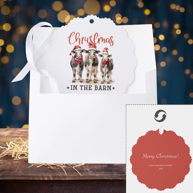 Weihnachten in der Scheune Rustikale Kühe in Weihn Ornament Karte (Von Creator hochgeladen)