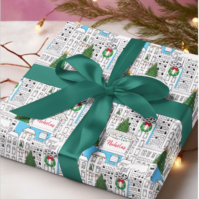 Weihnachten in der Stadt HandGezeichnet Personalis Geschenkpapier (Put your family name or the name of a loved one on this unique Christmas in the City gift wrap!)