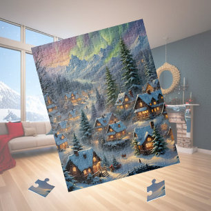 Weihnachten in einem Bergdorf, Polarlichter  Puzzle