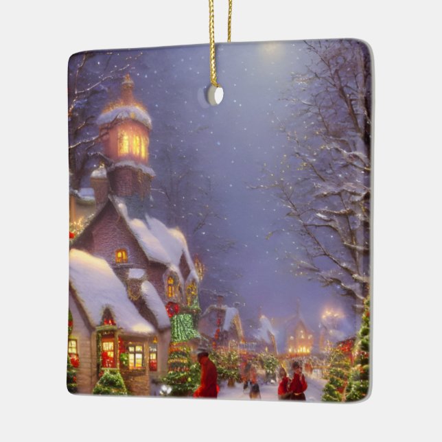 Weihnachten in einer schneebedeckten Nacht Keramikornament (Links)