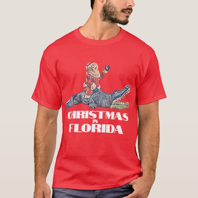 Weihnachten in Florida Weihnachtsmann Reiten Allig T-Shirt (Vorderseite)