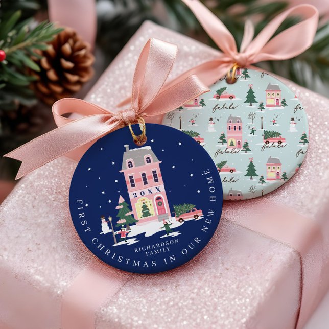 Weihnachten in neuer Zuhause Niedlich Town & Pink  Ornament (Christmas In New Home Cute Town & Pink Retro Van Ornament)