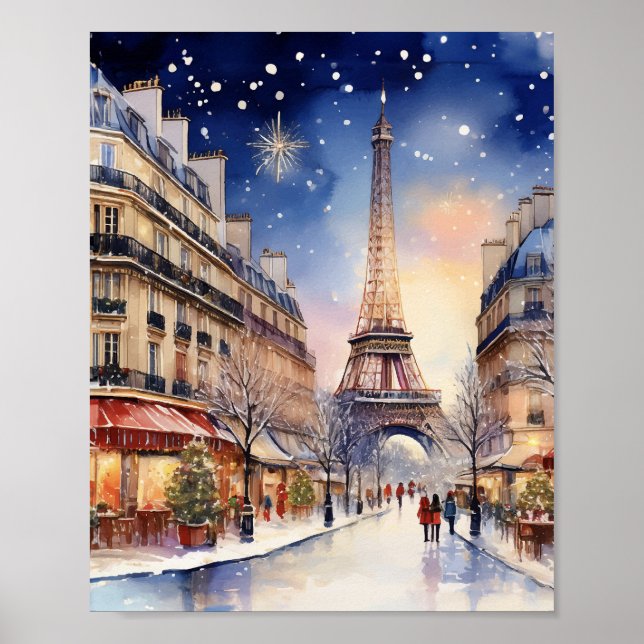 Weihnachten in Paris Eiffelturm Wasserfarbe Poster (Vorne)