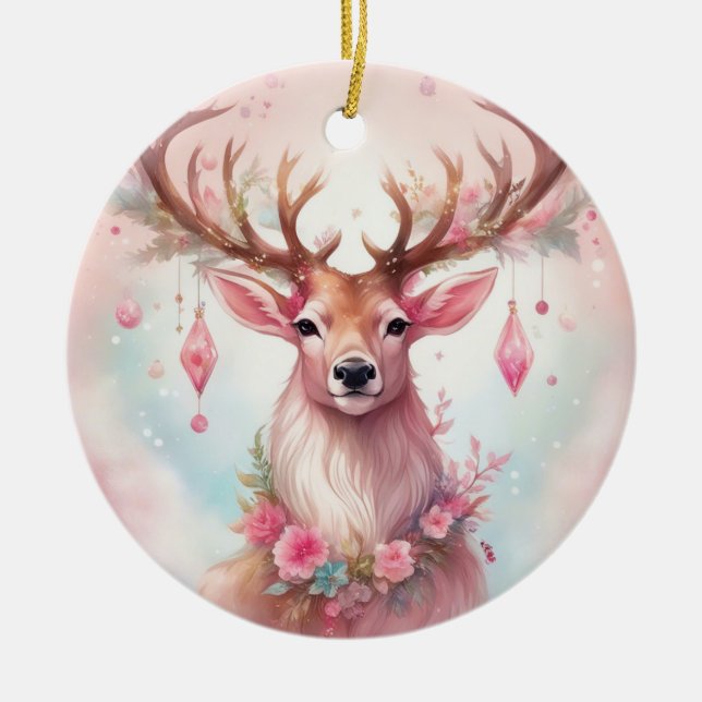 Weihnachten in pink: Rentier mit rosa Weihnachtssc Keramik Ornament (Vorne)