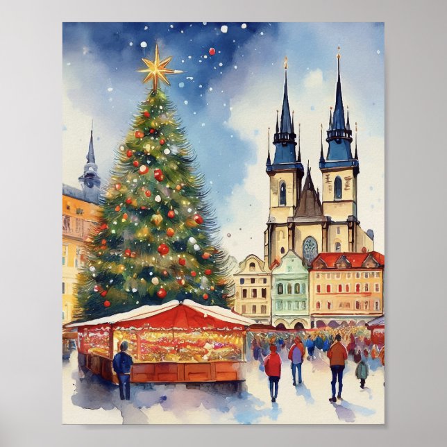 Weihnachten in Prag Tschechien Wasserfarbe Poster (Vorne)
