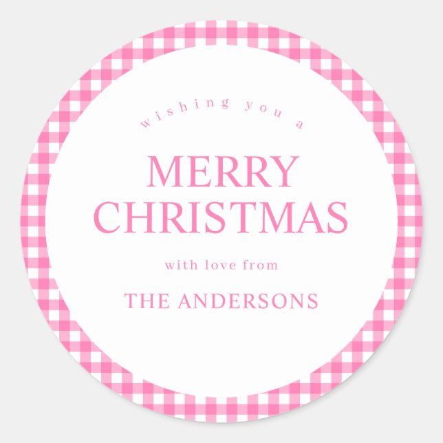 Weihnachten in Rosa Gingham Runder Aufkleber (Vorderseite)