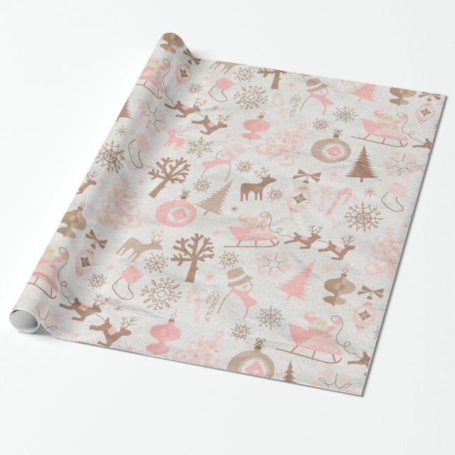 Weihnachten in Rosa und Braun Geschenkpapier (Ungerollt)