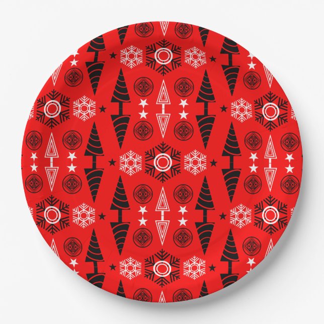 Weihnachten in Rot und Schwarz Pappteller (Vorderseite)