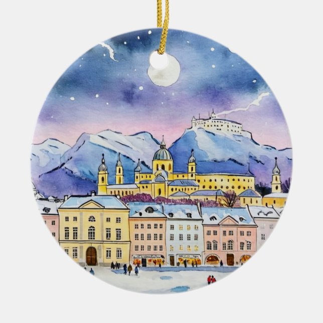 Weihnachten in Salzburg Österreich Wasserfarbe Keramik Ornament (Vorne)