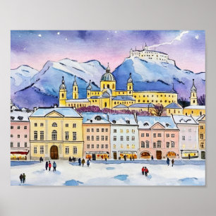 Weihnachten in Salzburg Österreich Wasserfarbe Poster