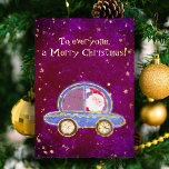 Weihnachten in seinem Auto Folien Feiertagskarte<br><div class="desc">Ein niedlicher Weihnachtsmann in einem glänzenden Auto unter dem Schnee,  der zu Ihrer Zuhause fährt! Ideal,  um den Kleinen oder den großen Kindern ein frohes Weihnachtsfest zu wünschen! Nachricht: An alle,  ein frohes Weihnachtsfest,  anpassbar im Zazzle-Editor.</div>