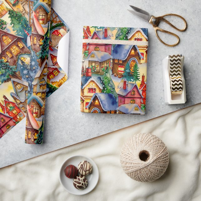 Weihnachten in Whimsical Village Wasserfarbmuster Geschenkpapier (Kunsthandwerk)
