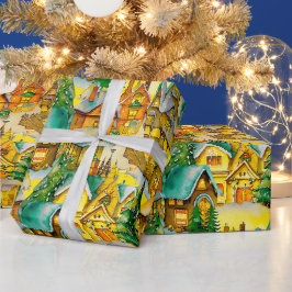 Weihnachten in Whimsical Village Wasserfarbmuster Geschenkpapier