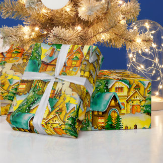 Weihnachten in Whimsical Village Wasserfarbmuster Geschenkpapier