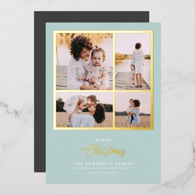 Weihnachten ist Gold | Minze Moderne 4-Foto-Ferien Folieneinladung (Vorderseite/Rückseite)