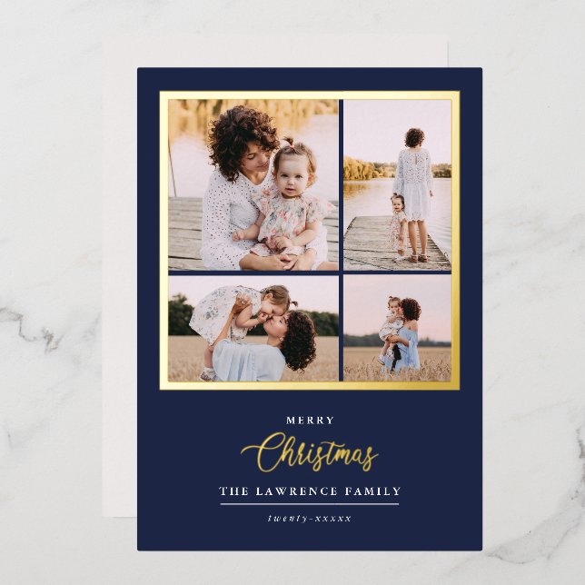 Weihnachten ist Gold | Minze Moderne 4-Foto-Ferien Folieneinladung (Vorderseite/Rückseite)