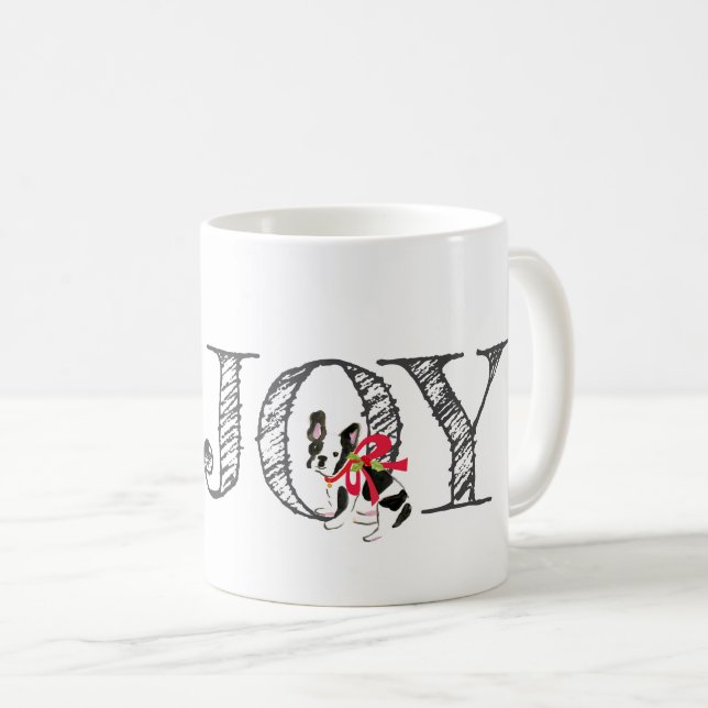 Weihnachten JOY Dog Holly Bow Feiertage Spaß Kaffeetasse (VorderseiteRechts)