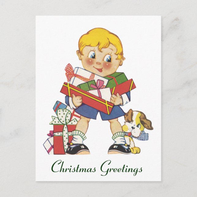 Weihnachten, Junge mit Geschenken und Welpenhund Feiertagspostkarte (Vorderseite)