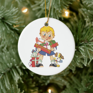Weihnachten, Junge mit Geschenken und Welpenhund Keramik Ornament