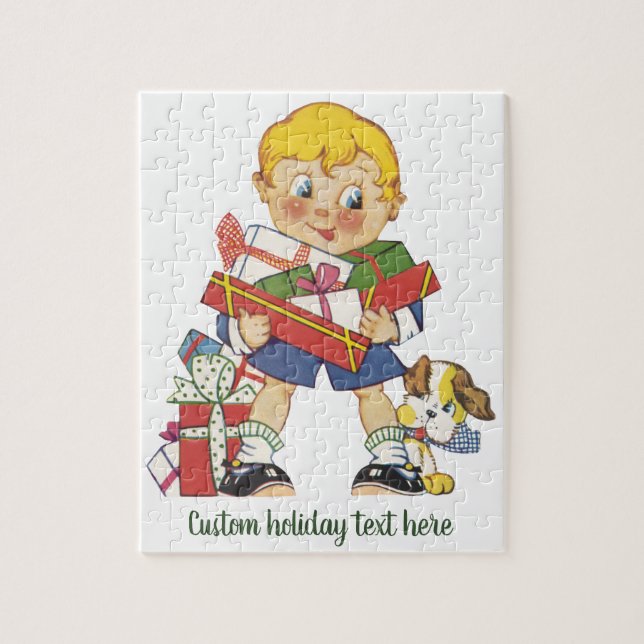 Weihnachten, Junge mit Geschenken und Welpenhund Puzzle (Vertikal)