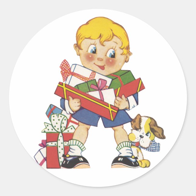 Weihnachten, Junge mit Geschenken und Welpenhund Runder Aufkleber (Vorderseite)