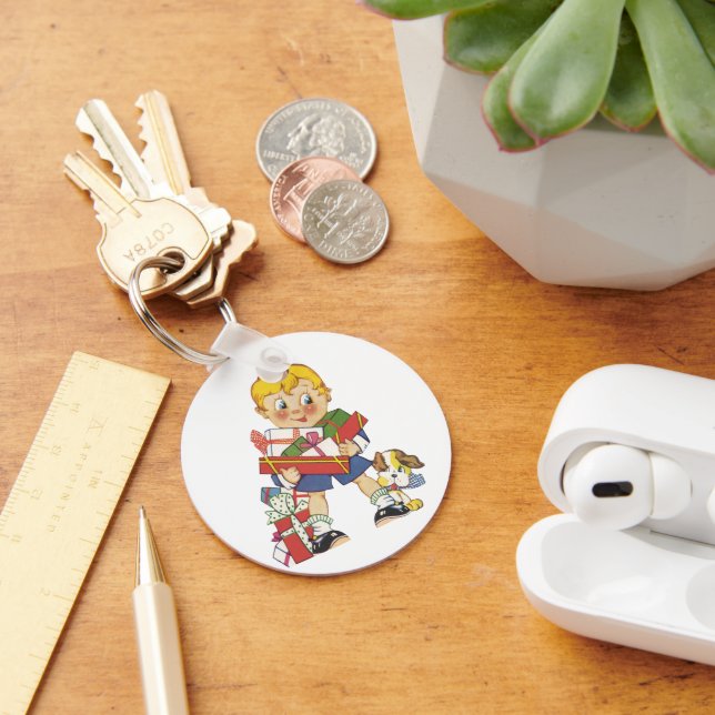 Weihnachten, Junge mit Geschenken und Welpenhund Schlüsselanhänger (Schreibtisch)