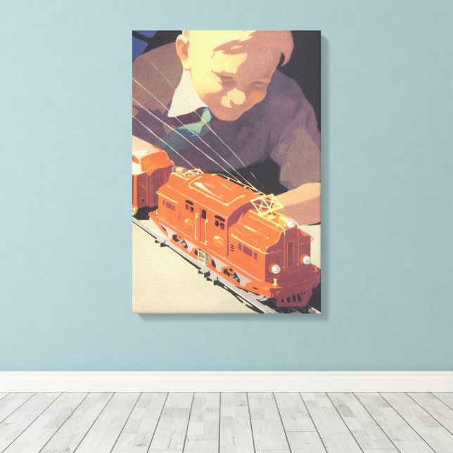 Weihnachten, Junge spielen mit Spielzeugbahnen Leinwanddruck (Insitu (Holzboden))