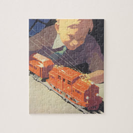 Weihnachten, Junge spielen mit Spielzeugbahnen Puzzle