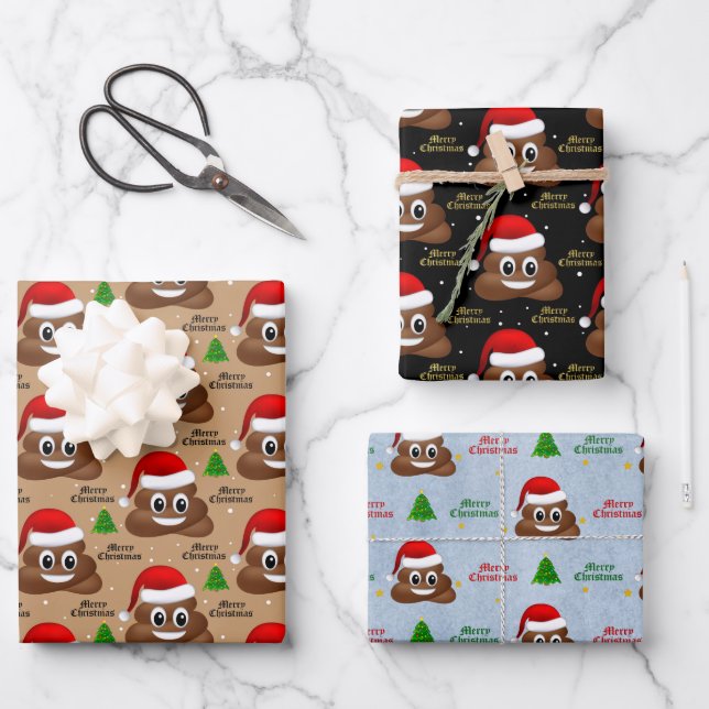 Weihnachten kackte Emoji mit Weihnachtsmannmütze P Geschenkpapier Set (Vorderseite)
