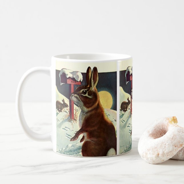 Weihnachten, Kaninchen in einer Winterschneewiese Kaffeetasse (Mit Donut)