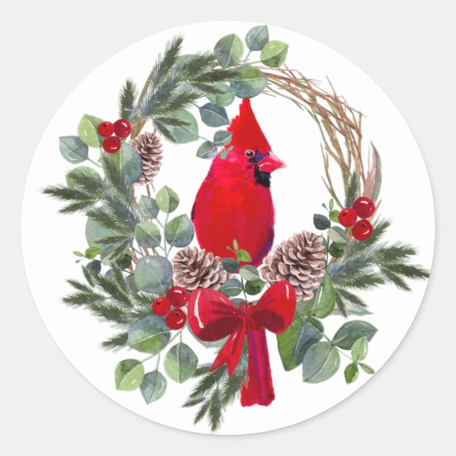Weihnachten Kardinal Roter Bird Wasserfarbe Natur  Runder Aufkleber (Vorderseite)