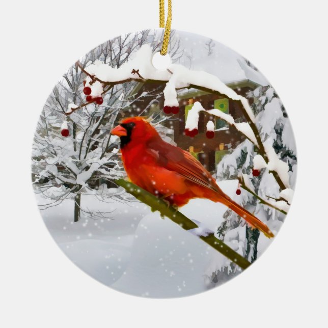 Weihnachten, Kardinals-Vogel, Schnee, Verzierung Keramik Ornament (Vorne)