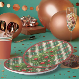 Weihnachten Kariert grün, weiß, rot Pappteller