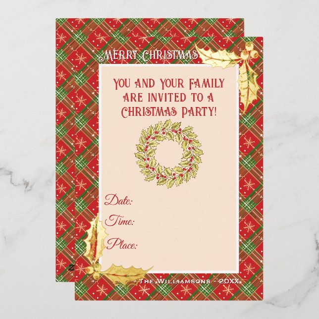 Weihnachten Kariert in Rot-, Grün- und Gold-Stars Folieneinladung (Vorderseite/Rückseite)