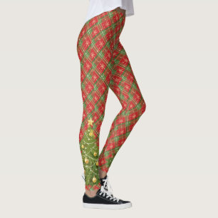 Weihnachten Kariert Rot, Grün, Gold mit Baum Leggings