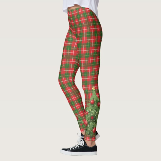 Weihnachten Kariert Rot, Grün, Weiß mit Baum Leggings (Links)