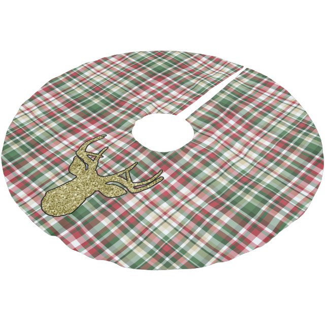 Weihnachten Kariert Tartan Gold Deer Buck Treck Ro Polyester Weihnachtsbaumdecke (Schrägansicht)