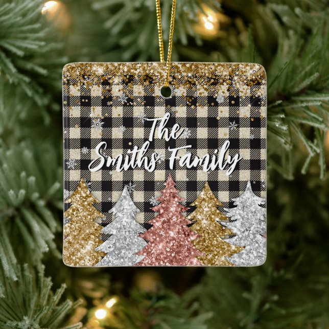 Weihnachten Kariert und Glitzer Familienname Keramikornament (Baum)