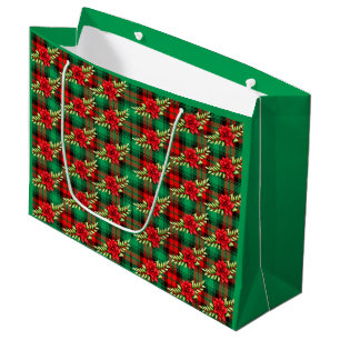 Weihnachten Karierte Poinsettias und Blätter Große Geschenktüte