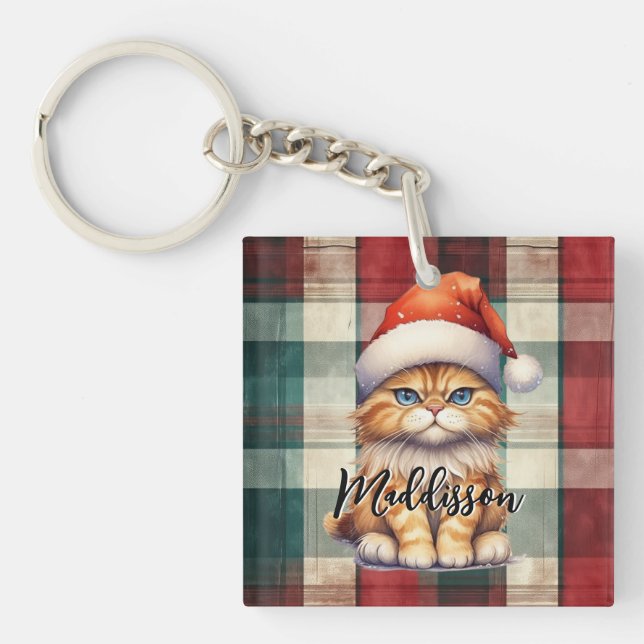 Weihnachten Karierte Weihnachtskatze mit Namen Schlüsselanhänger (Vorderseite)